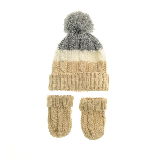 Ziggle Beige, Cream & Grey Cable Knit Bobble Hat and Mitten (0-12 Months)