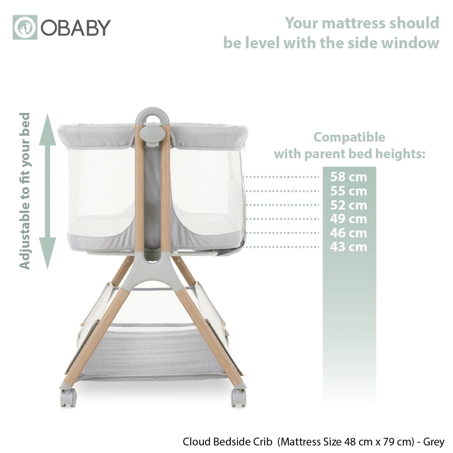 OBaby Cloud Bedside Crib-Grey