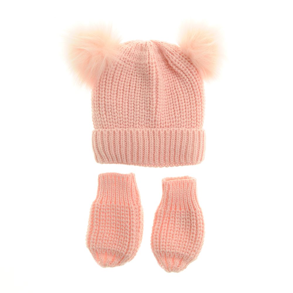 Ziggle Pink Double Bobble Hat and Mittens (0-12 Months)