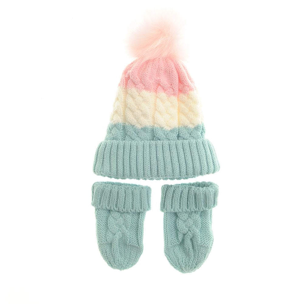 Ziggle Pink, White, Mint Cable Knit Bobble Hat and Mittens (12-24 Months)