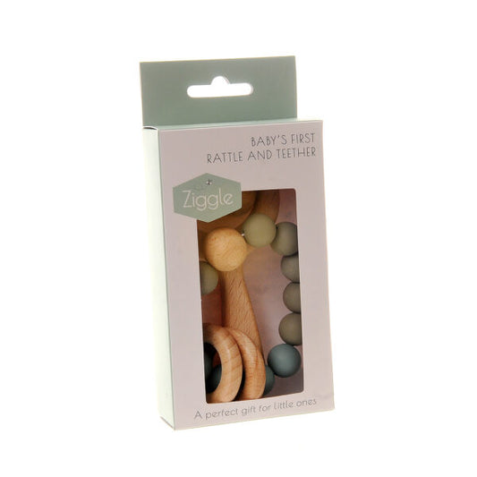 Ziggle Wooden Rattle & Teether-Blue Grey