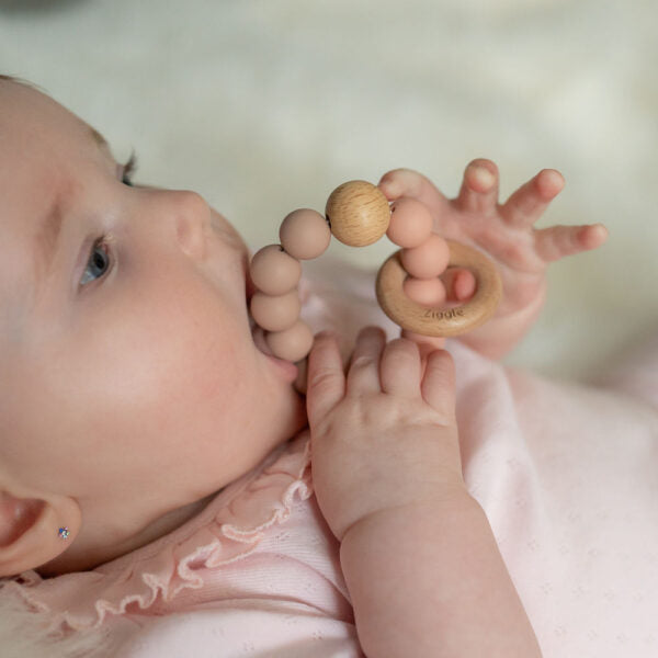 Ziggle Wooden Rattle & Teether-Blush