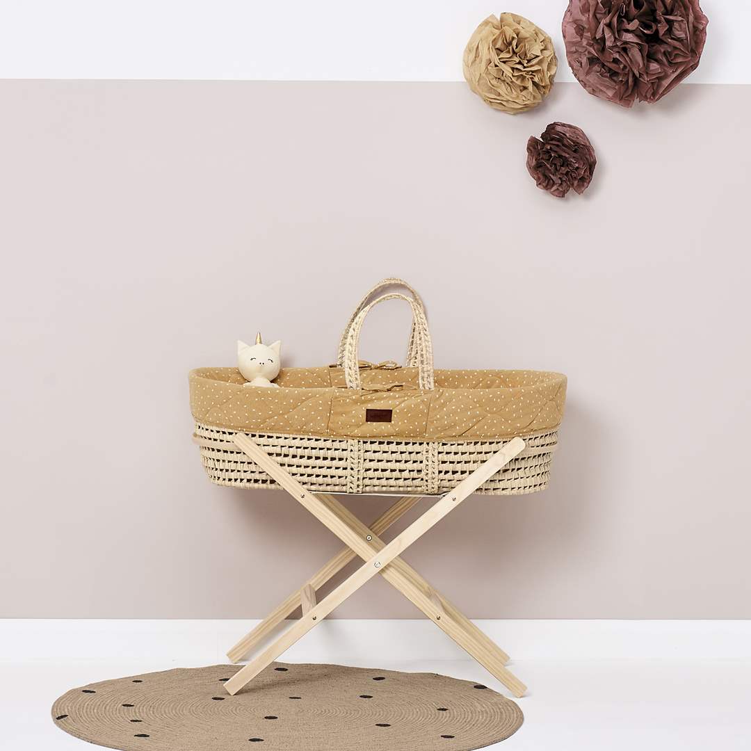 The Little Green Sheep | Natural Quilted Moses Basket & Stand-Honey Rice