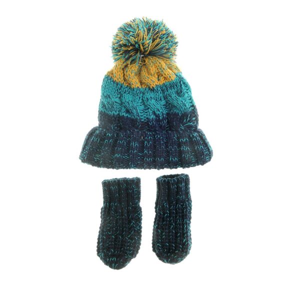 Teal, Mustard & Blue Cable Knit Bobble Hat & Mittens