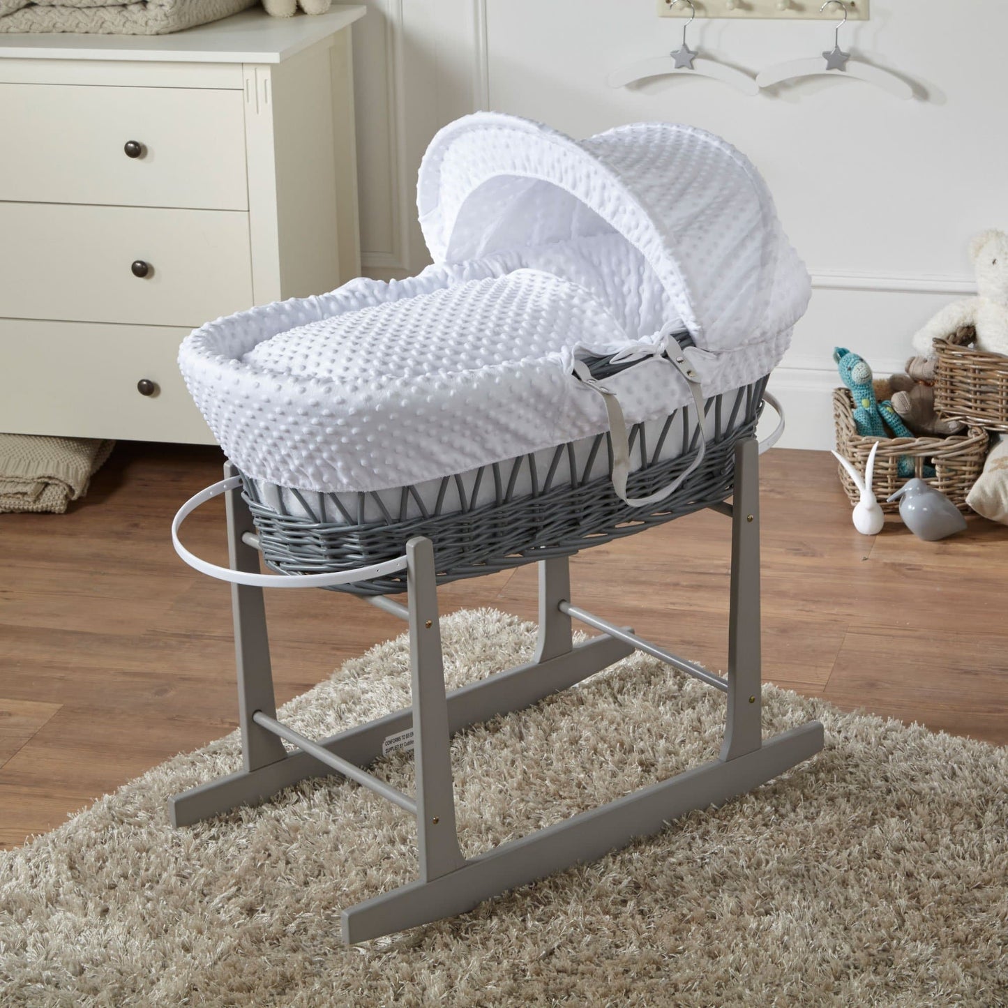 Grey Wicker Moses Basket-White Dimples